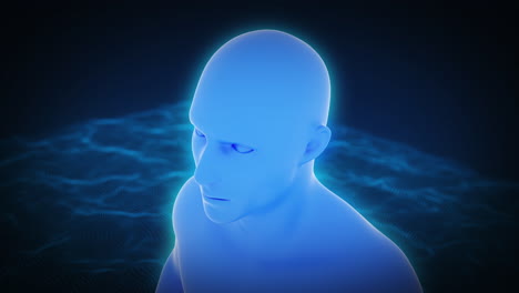 Schmerzen-Im-Menschlichen-Körper.-3d-Blaue-Silhouette-Des-Menschen.-Anatomie-Eines-Mannes,-Der-Den-Kopf-Zeigt